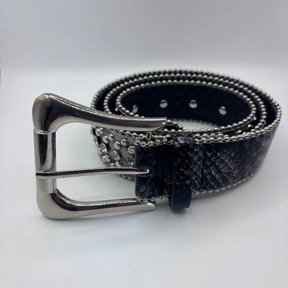 Black Belt Womens Small Grey Snakeskin‎ Studded Rhinestone Y2K Western Biker